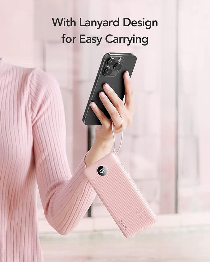 VRURC Portable Charger Power Bank, 10000mAh Travel Essentials Battery Pack, Compact Charging Bank Built-in Cables Cords Compatible with iPhone 17 Pro 17 16 15 14 13, Samsung Phones-Pink(1 Pack) - Image 7