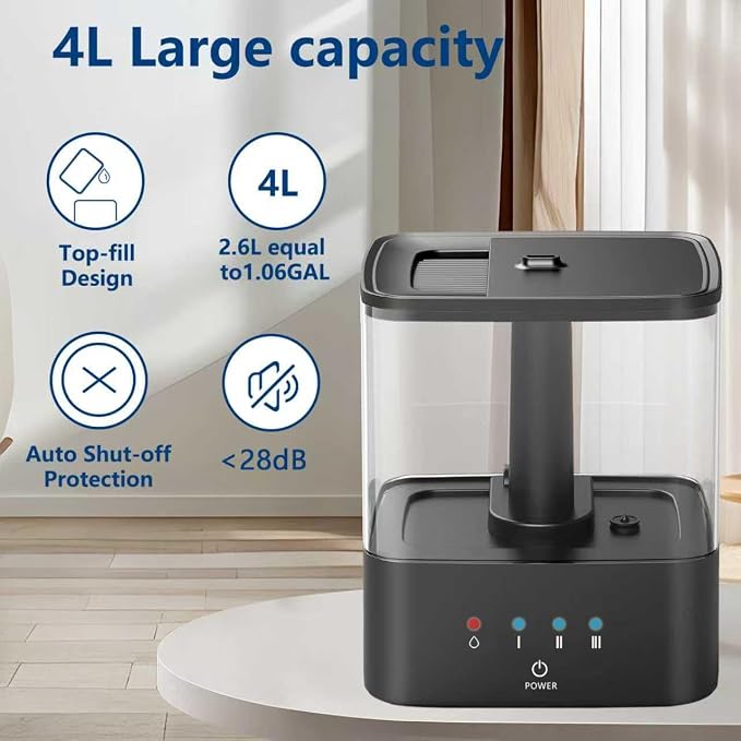 KZF 4L Top Fill Humidifiers for Bedroom & 60H Runtime - Cool Mist Humidifier, 3 Mist Levels, 8H Timer, Essential Oil Tray, Humidity Display, Quiet for Bedroom, Baby, Plants, Large Room (Black, 3.8L) - Image 3