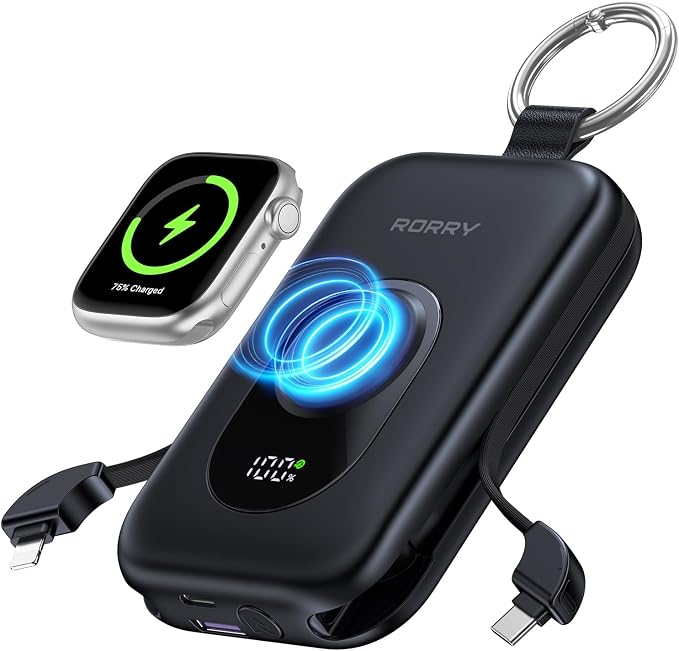 RORRY Portable Charger, 20000mAh PD 30W Portable Charger Power Bank with 2 Built-in Cables, Super Fast Charging Battery Pack with Keychain, Travel Essentials for iPhone, Apple Watch, iPad, Black by RORRY