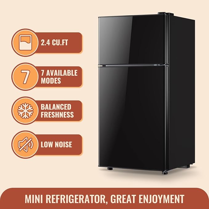 Mini Fridge with Double Doors Small Refrigerator with Separate Freezer & 7 Adjustable Temperature Control, Tiny Size & Personal Fridge Ideal for Office Apartment Dorm Black - Image 4