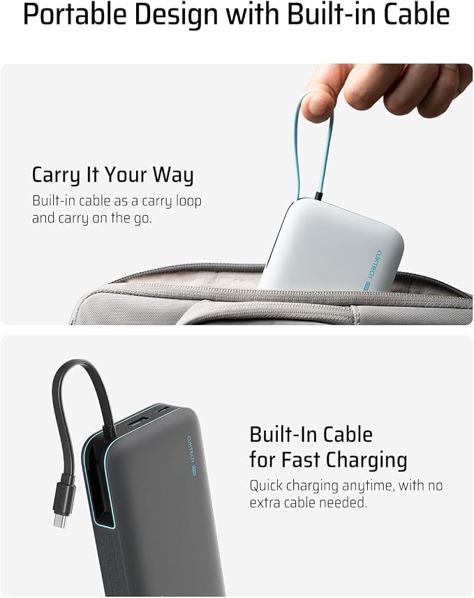 CUKTECH 45W Power Bank 20000mAh, Portable Travel Charger Built-in USB C Cable, Fast Charging Battery Pack for iPhone 16/15/14/13, iPad, Samsung Galaxy, Google Pixel, Android and More (Gray) - Image 5
