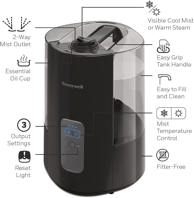 Honeywell Dual Comfort Cool + Warm Mist humidifier. Humidifier for Bedroom, Office, Living Room and Home. Provides Temporary Relief from Dry air discomforts - Black, HWC775B - Image 13