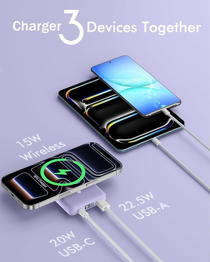 podoru for Magsafe Battery Pack, Foldable 10000mAh Magnetic Power Bank with USB-C Cable LED Display 22.5W PD Fast Charging Wireless Portable Charger for iPhone 17/16/15/14/13/12 Series-Light Purple - Image 5
