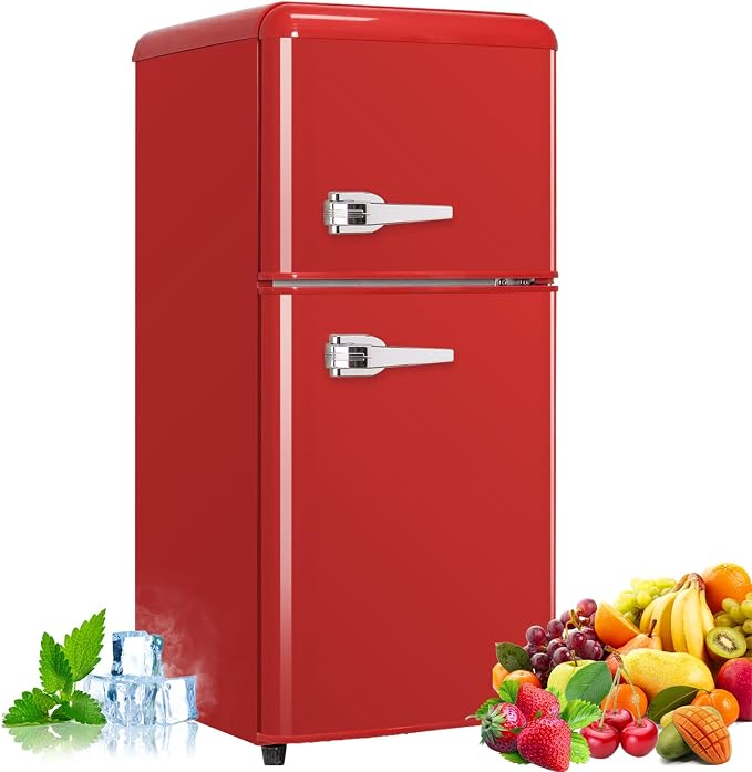 Mini Fridge with Freezer, 3.2 Cu.Ft Retro Double Door Refrigerator with 7 Level Thermostat, Adjustable Removable Glass Shelves for Bedroom Office Apartment Dorm Bar (RED, 3.2 Cu.Ft.) by Bodare