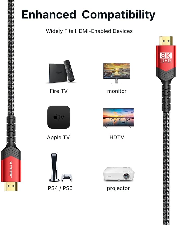 JSAUX 8K HDMI Cable 2.1, 48Gbps Ultra High Speed HDMI Cable Braided Cord HDCP - Image 6