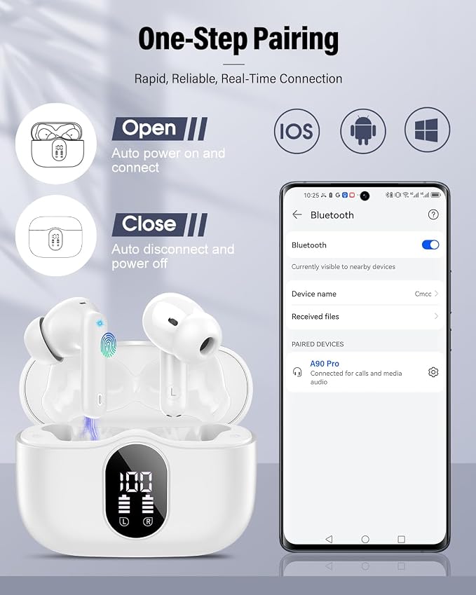 Wireless Earbuds, Bluetooth 5.4 Headphones Bass Stereo/Clear Calls, White | Ear Buds with Noise Cancelling Mic LED Display in Ear Earphones IP7 Waterproof 36H Bluetooth Earbuds for Phones/Sport/Laptop - Image 6