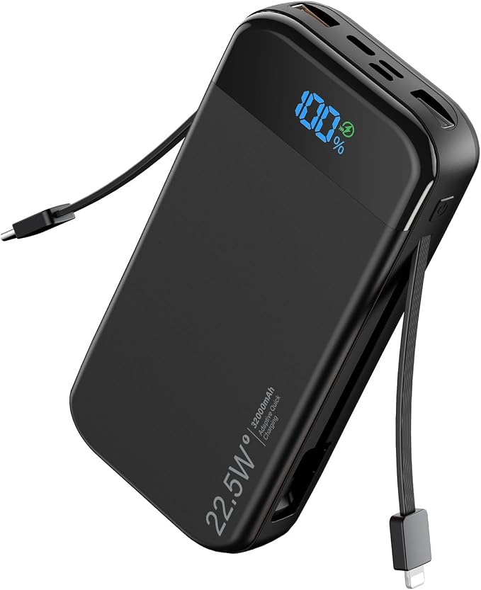 Portable Charger Power Bank Built-in Cables, 32000mAh 22.5W USB C Fast Charging, 5 Outputs 3 Inputs Travel Essentials Battery Pack Compatible with iPhone, iPad, Samsung, Google Pixel, Black by LENGSUM