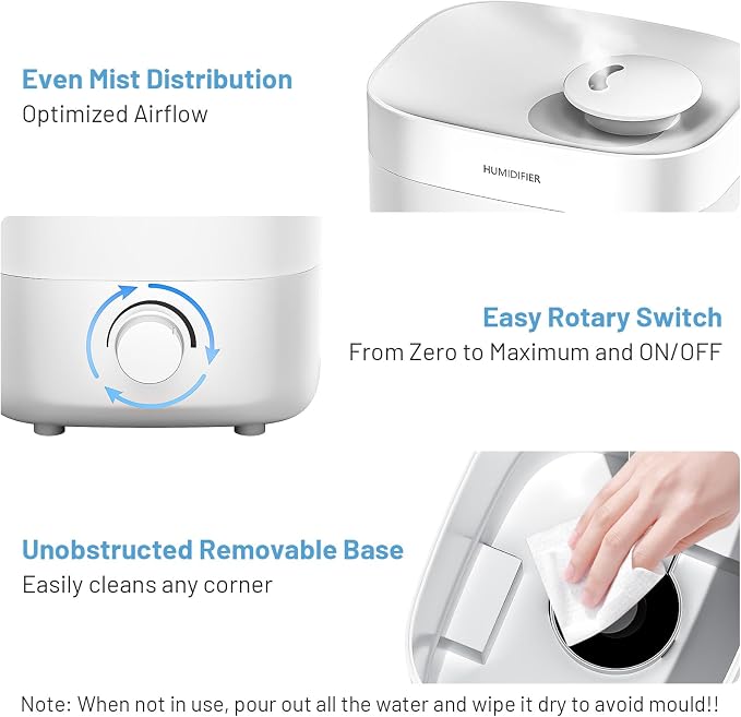 Top Fill Humidifier, 2L Water Tank for Bedroom, 28H Long Lasting New White Air Humidifier for Large Room, Ultra Quiet 25dB Cool Mist for Baby, Plants, Office, Easy to Clean & Fill - Image 8
