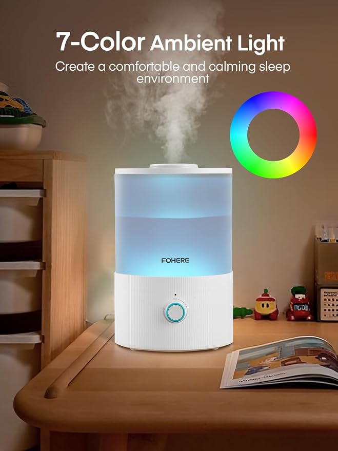 FOHERE Humidifier for Bedroom Baby, 3.2L Top Fill Cool Mist Humidifiers for Nursery, Home, 28H Ultra Quiet Runtime, Auto Shut-Off, Soft 7-Color Night Light, BPA-Free, Essential Oil Tray, White - Image 6