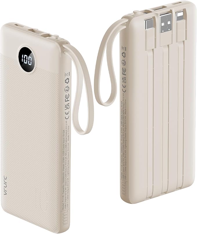 VRURC Portable Charger Power Bank,10000mAh Travel Essentials Battery Pack, 5 Outputs 2 Inputs Slim USB C Charging Bank Built-in Cables Cords for iPhone 17 16 15 13,Samsung,Android-Light Coffee(1 Pack) by Home