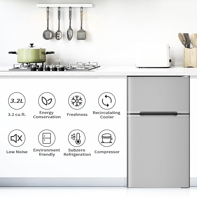 Antarctic Star Mini Compact Refrigerator, 3.2 Cu.Ft. Separate Freezer Double 2-Door Adjustable Removable Shelves For Basement/Apartment/Dorm/Office,GREY - Image 5