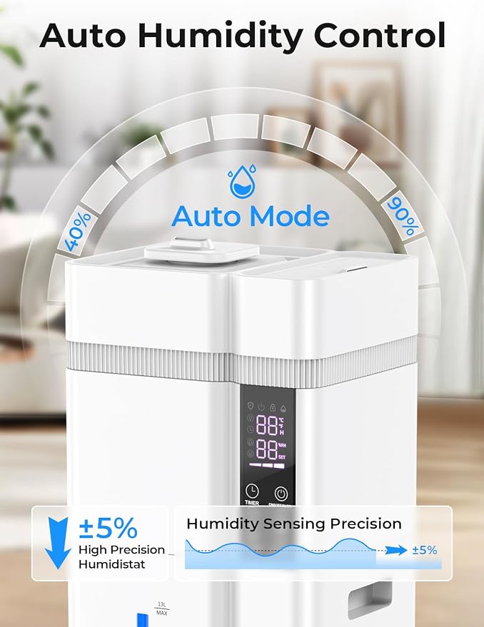 13L/3.43Gal Humidifier Large Room, 800ft² Coverage, 100H Runtime, Auto Humidity Control, Top Fill, Humidifiers for Bedroom, 35dB Quiet, Sleep Mode, Aroma Diffuser, 24H Timer, Auto Shut-off Protection - Image 4