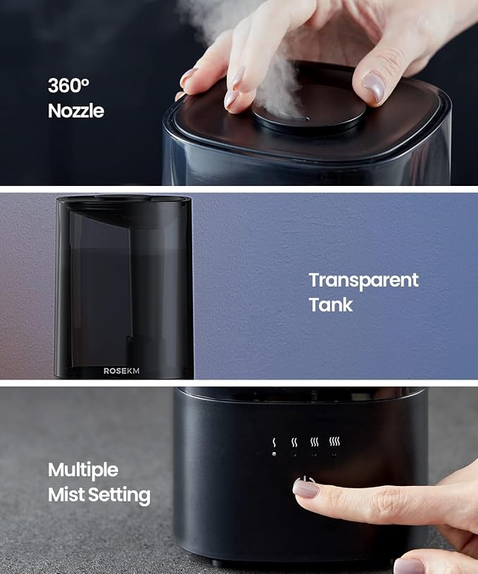 Humidifiers for Bedroom (1.1L), Small Cool Mist Humidifier for Home Plant and Baby Nursery, Quiet Ultrasonic Humidifier with 360° Nozzle, Auto Shut-Off, Filterless, Black - Image 5
