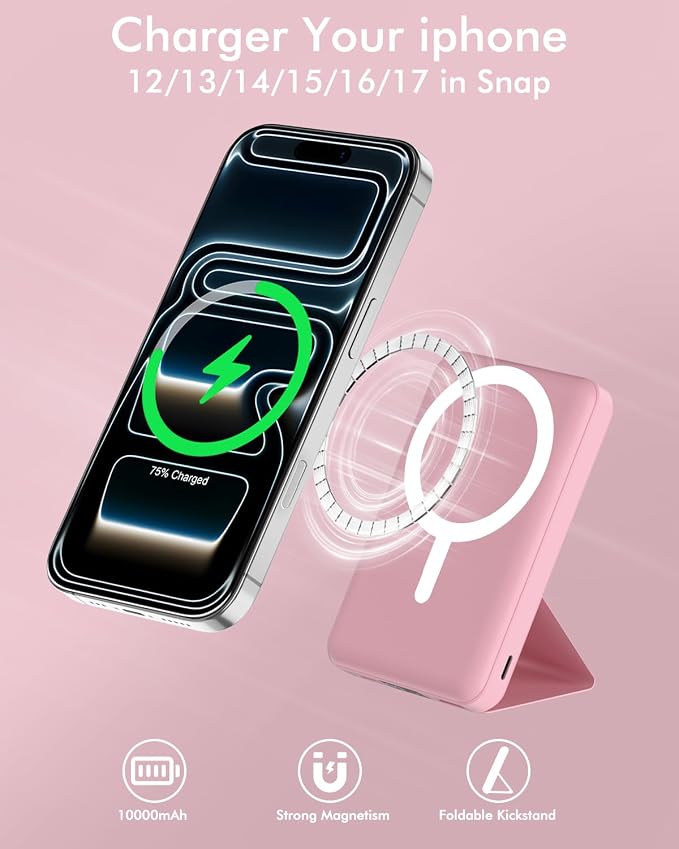 podoru for Magsafe Battery Pack, Foldable 10000mAh Magnetic Power Bank with USB-C Cable LED Display 22.5W PD Fast Charging Wireless Portable Charger for iPhone 17/16/15/14/13/12 Series-Pink - Image 3