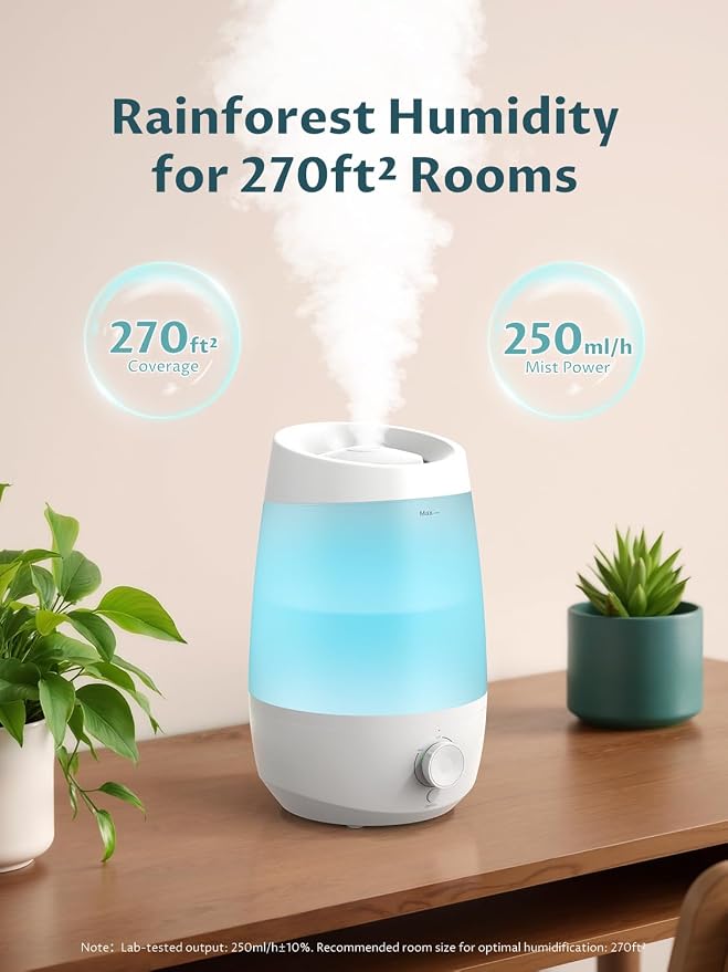 BREEZOME 2.5L Top Fill Humidifiers for Bedroom, 250ml/h Mist Output, 25hrs Humidifiers for Home, 7 Adjustable LED, Essential Oil Diffuser, 25dB Ultrasonic Humidifier for Baby and Indoor Plants, White - Image 4