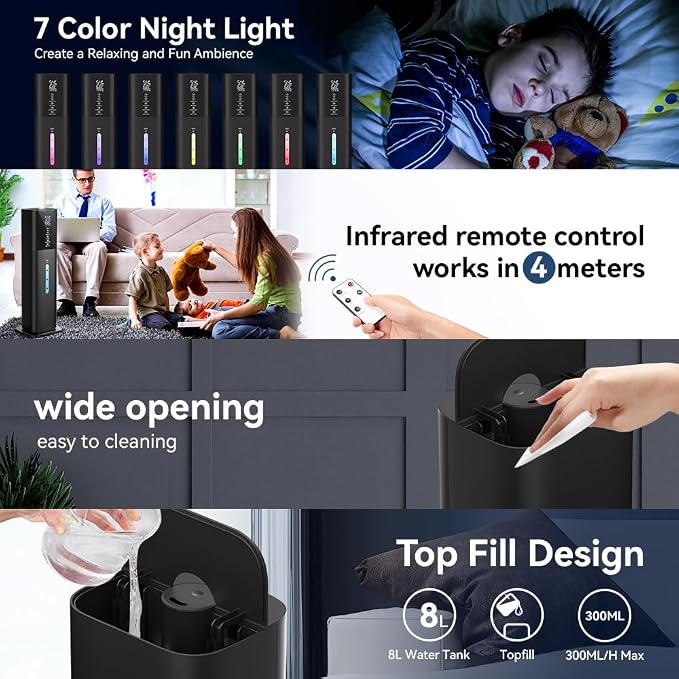 Humidifiers Large Room Bedroom with 7 Colors Light, 2.1Gal(8L) 3 Speed Quiet Ultrasonic Cool Mist Humidifier with 360° Nozzle, Humidity Setting, Timer,Aroma Box for Home Plant Baby Yoga Sleep (Black) - Image 7