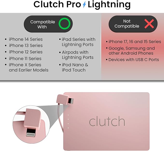 Clutch Pro – World's Thinnest iPhone Charger – Portable Power Bank 5000mAh – Magnetic Built-in Lightning Cable – TSA Approved Travel Charger – iPhone 14 & Earlier – Pink - Image 2