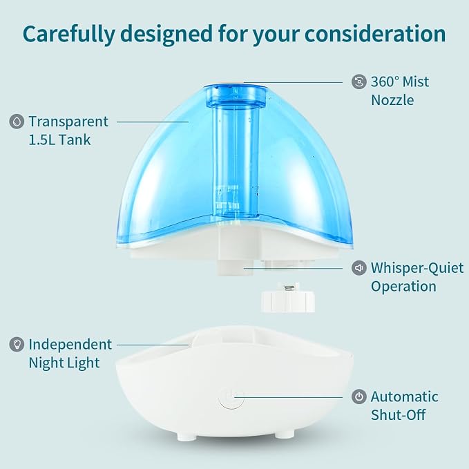 1.5L Cool Mist Humidifier for Bedroom with 360° Adjustable Nozzle, Quiet Ultrasonic Air Humidifier For Babies Nursery, Office, Indoor Plants, Auto-Shut Off,Light-Off,High and Low Mist Levels - Image 4