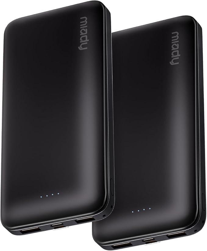 Miady 2-Pack Portable Charger, Slim 10000mAh Power Bank Travel Battery Pack 3 Outputs 2 Inputs Compatible with iPhone 17/16/15/14/13 Galaxy S24/22 iPad Android etc (2 Black) by Miady