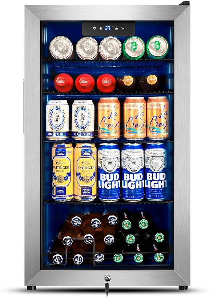 Beverage Refrigerator Cooler, 130 Cans 3.22 Cu.Ft Small Refrigerator with Low-E Glass Door, Lock, 17-Inch Beer Fridge for Drinks, Beer and Wine, Mini Fridge for Bedroom, Office and Bar, Silver by TYLZA