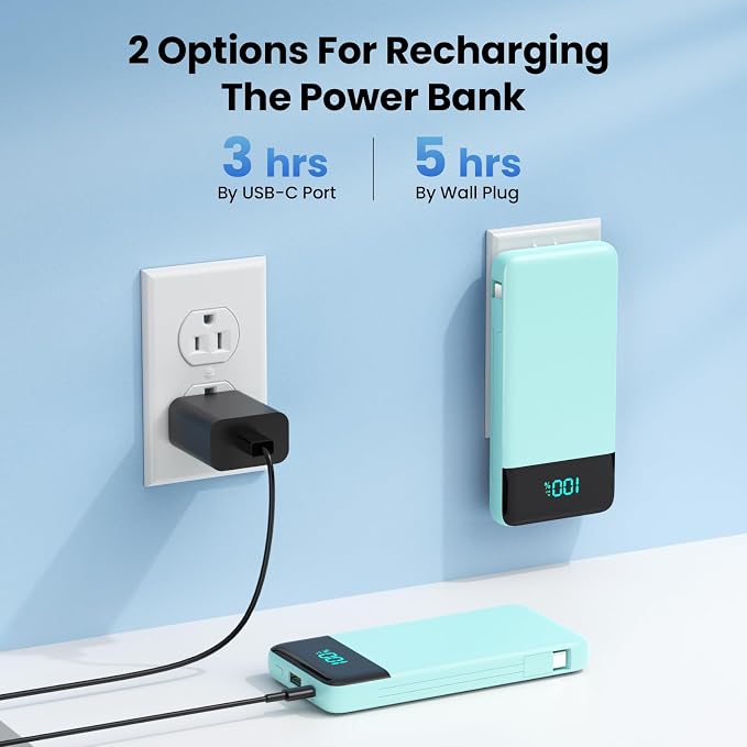 Portable Charger for iPhone with Built-in Cables and Wall Plug,Upgraded 13800mAh Fast Charging USB C Power Bank,4 Outputs Travel Essential Battery Pack for iPhone 17/16/15/14/13,Galaxy,Android-Green - Image 3