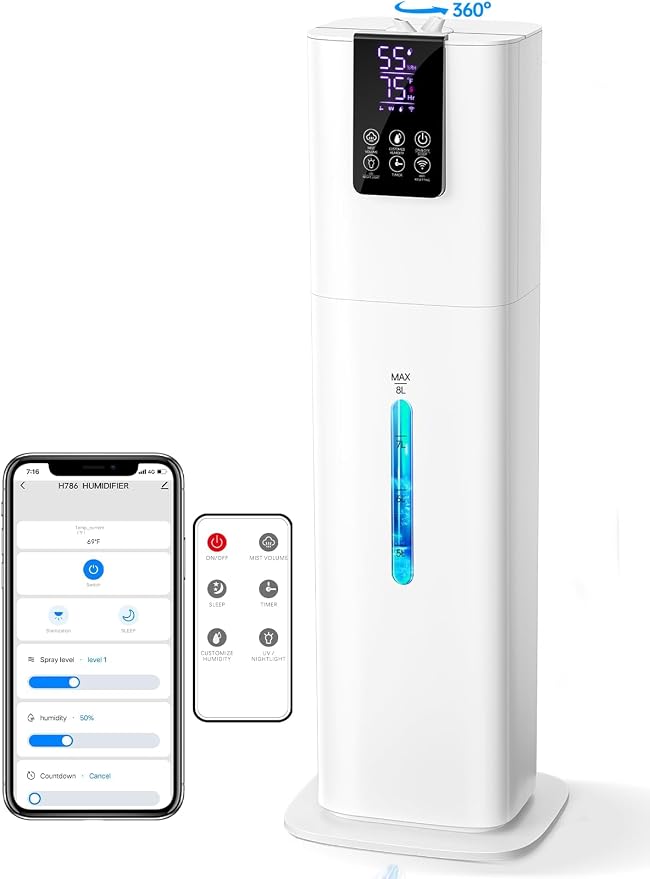 8L Smart Humidifiers for Bedroom Large Room, 2.1Gal Cool Mist Top Fill Diffuser Ambient Light, App & Remote Control, 3 Mist Modes, Quiet Humidifier for Home Office Plant (White) by HumidifiersforLargeRoom