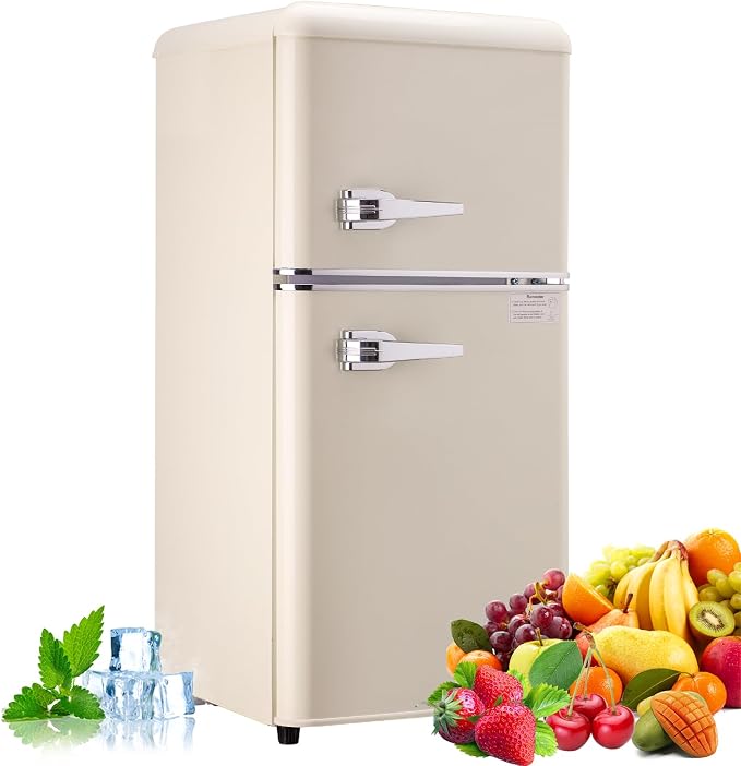 Mini Fridge with Freezer, 3.2 Cu.Ft Retro Double Door Refrigerator with 7 Level Thermostat, Adjustable Removable Glass Shelves for Bedroom Office Apartment Dorm Bar (CREAM, 3.2 Cu.Ft.) by Bodare