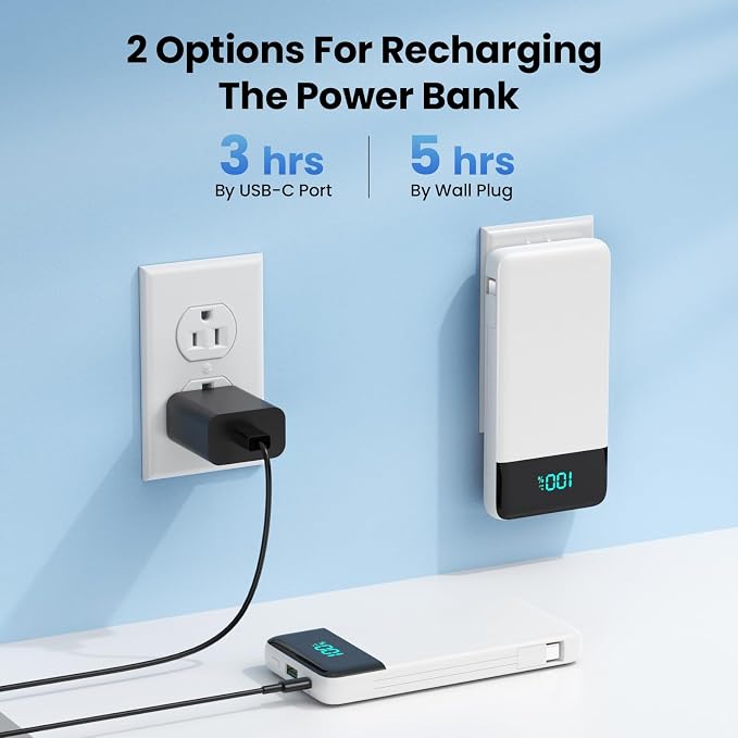 Portable Charger for iPhone with Built-in Cables and Wall Plug,Upgraded 13800mAh Fast Charging USB C Power Bank,4 Outputs Slim Travel Essential Battery Pack for iPhone 17/16/15/14/13,Galaxy,-White - Image 2