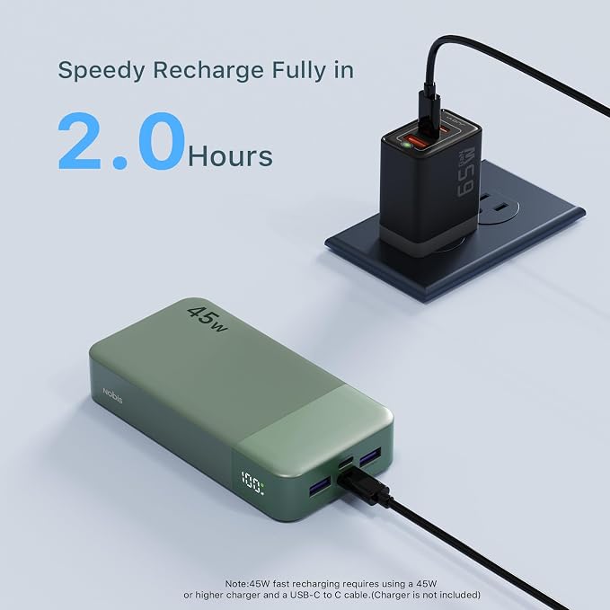 NOBIS Portable Charger, 20000mAh Power Bank, 45W Power Bank Fast Charging, Battery Pack with C to C Cable, Battery Bank with Digital Display for iPhone Android Laptop etc(Green) - Image 5