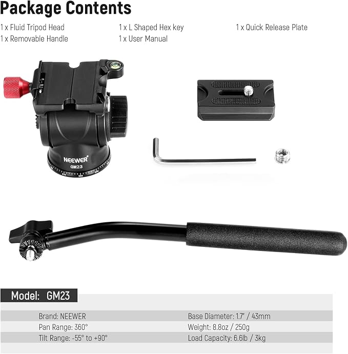 NEEWER Fluid Tripod Head with Handle & Arca Type Quick Release, Aluminum Alloy - Image 8