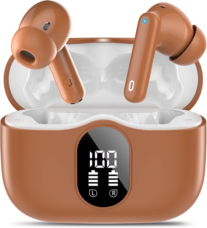 Wireless Earbuds, Bluetooth 5.4 Headphones Bass Stereo/Clear Calls, Brown | Ear Buds with Noise Cancelling Mic LED Display in Ear Earphones IP7 Waterproof 36H Bluetooth Earbuds for Phones/Sport/Laptop by Btootos