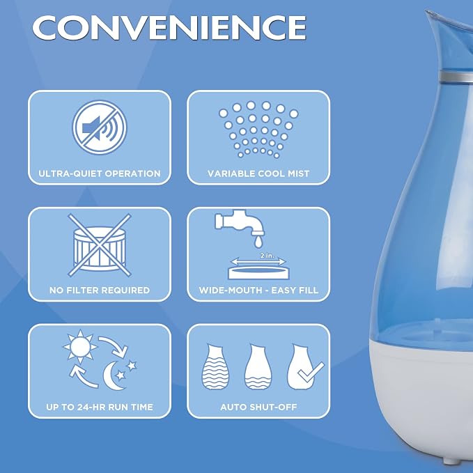 HealthWise Cool Mist Ultrasonic Humidifier | For Medium Size Rooms | No Filter Required | 24 Hour Run Time, Blue, 2.6L - Image 7