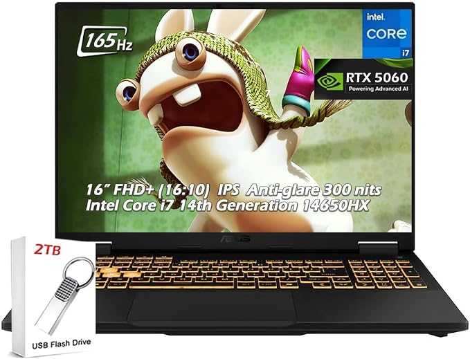 ASUS TUF Gaming F16 Laptop, 16" FHD+ 165Hz LCD 300nits, NVIDIA GeForce RTX5060, Intel Core i7-14650HX, 32GB DDR5 RAM 2TB SSD, WiFi6E, RGB Backlit KB, Win11, Jaeger Gray, w/2TB USB Drive, W/GaLiMu by Unknown