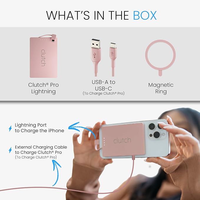 Clutch Pro – World's Thinnest iPhone Charger – Portable Power Bank 5000mAh – Magnetic Built-in Lightning Cable – TSA Approved Travel Charger – iPhone 14 & Earlier – Pink - Image 5