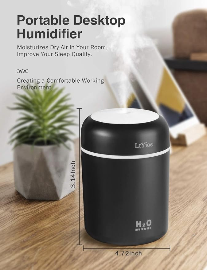 Humidifier Portable Mini Humidifiers for Bedroom, Personal Desktop Cool Mist Air Humidifier with Colorful Night Light, 2 Mist Modes & Auto Shut-Off, Super Quiet for Car Office Home (Black) - Image 5