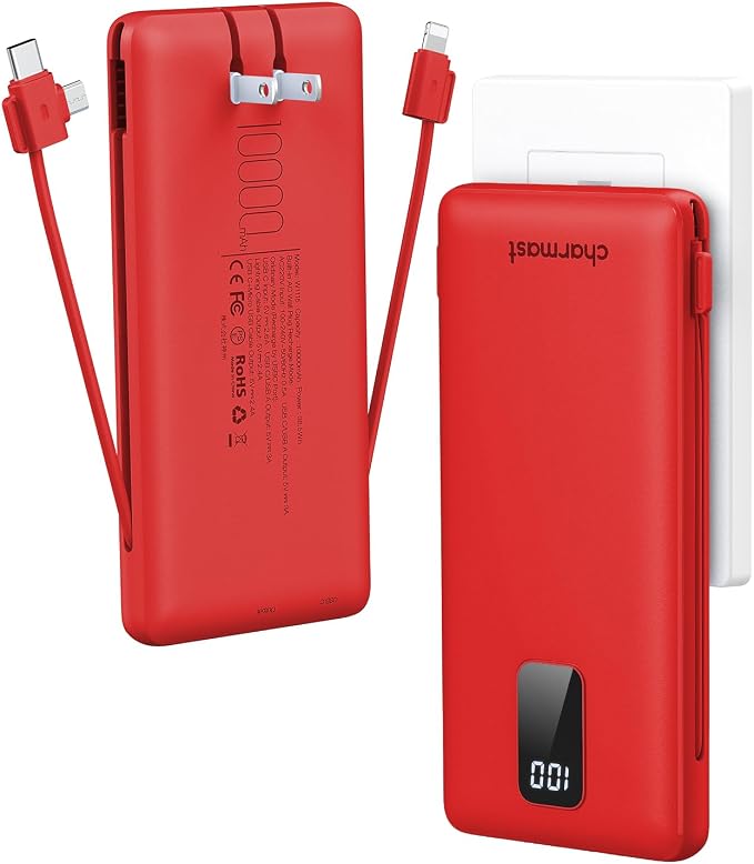 charmast Portable Charger with Built-in Cables and Plug, 10000mAh USB C Power Bank Fast Charging, External Battery Pack Slim, Travel Essentials Compatible with iPhones, Samsung Galaxy, iPad by Charmast