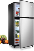 Mini Fridge With Freezer,3.5 Cu. Ft Compact Refrigerator With 2 Doors,7- Level Adjustable Thermostat, Removable Glass Shelves For Bedroom, Office, Kitchen, Apartment, Dorm, Silver by KRIBBLING