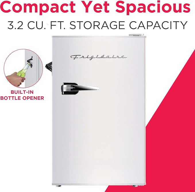 Frigidaire Retro Compact Fridge with Chiller, 3.2 cu ft Countertop Fridge with Built-In Bottle Opener, Compact Refrigerator for Office, Bedroom, Dorm Room or Cabin - 18.7"D x 19.01"W x 33.27"H (White) - Image 2