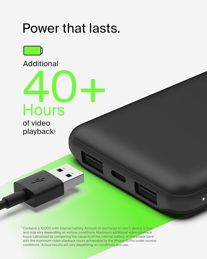 Belkin Portable Charger - 15W 3 Port Power Bank Battery Pack with 10000mAh Battery - Fast Charging for iPhone, Samsung Phone, More - USB C to A Cable Included - Image 6