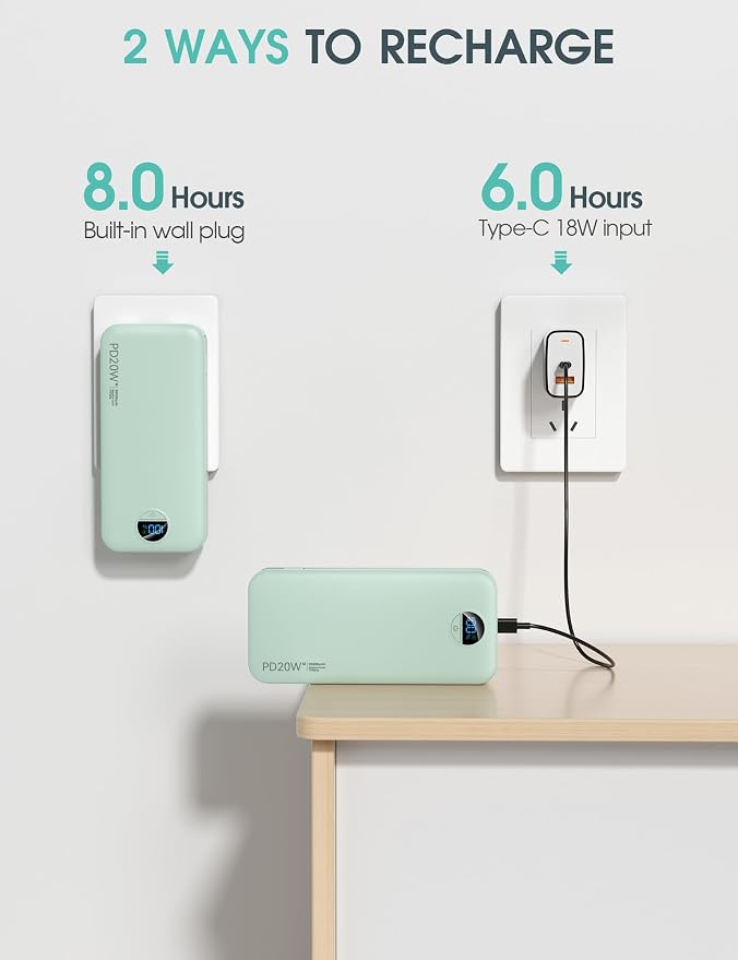 citicr Portable Charger Power Bank, 20000mAh PD20W USB C Fast Charging with Built-in Cables & Wall Plug, External Battery Pack with LED Display, Travel Essential for iPhone, iPad, Samsung Green - Image 6