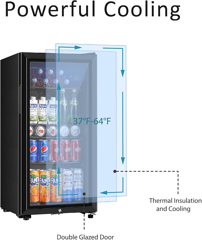 Saeoola Beverage Refrigerator, 3.2 Cu.ft Mini Fridge with Double Glass Door, Cooler for Soda, Beer or Wine for Home, Office or Bar with Adjustable Removable Shelves (Black) - Image 4