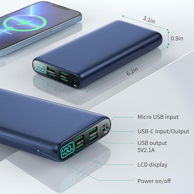 Portable Charger 38800mAh Power Bank with 5 Outputs & 2 Inputs,PD USB C In&Out Fast Phone Charging External Battery Pack Backup,Travel Essential Outdoor for iPhone 17/16,Android Samsung Galaxy-Navy - Image 4