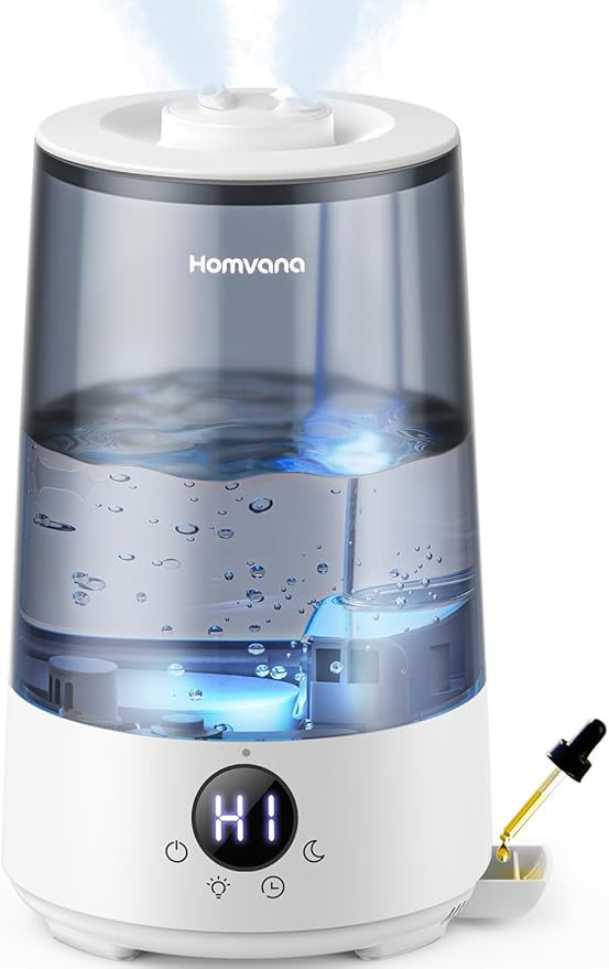 Homvana Humidifiers for Bedroom Home, 3.6 L Cool Mist Top-Fill 34H Super Long Time, Quiet 23dB, Baby Humidifier, Oil Diffuser for Large Room, House, Plant, Nursery, Office, BPA FREE, Ultrasonic (Grey) by Homvana