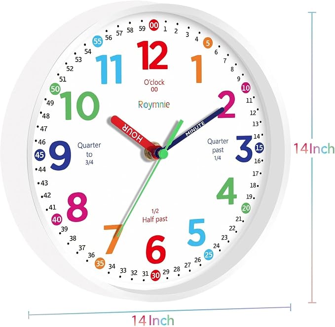 Roymnie14 Inch Wall Clock for Kids Learning to Tell Time Large Analog Silent - Image 9