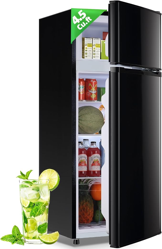 DEMULELR 4.5Cu.ft Small Mini Refrigerator with Freezer Black Two Door Mini Fridge with Crisper Drawer & Extra Drink Space, LED Light, Apartment Size Fridge for Dorm Office 17.5" W x 18.5" D x 43" H by DEMULLER