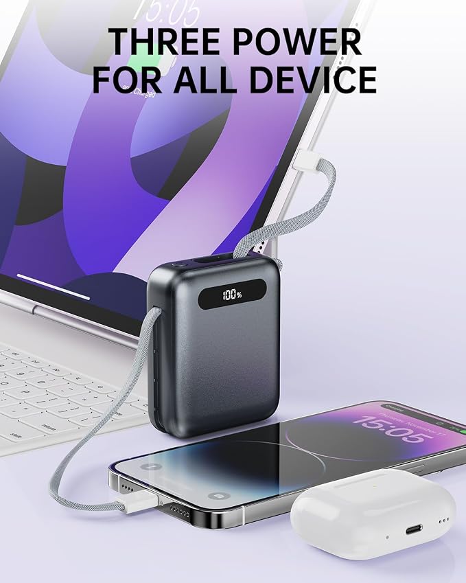 Portable Charger Power Bank, Ultra Mini 10000mAh Portable Charger with Built-in Cables, 35W Fast Charging Battery Pack, Travel Essential Compatible with iPhone 17 16 15 Samsung S22 S21 Google iPad etc - Image 2