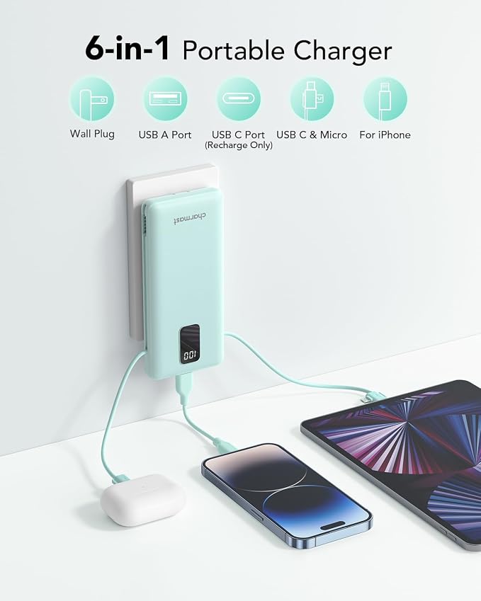 charmast Portable Charger with Built-in Cables and Plug, 10000mAh USB C Power Bank Fast Charging, External Battery Pack Slim, Travel Essentials Compatible with iPhones, Samsung Galaxy, iPad - Image 2