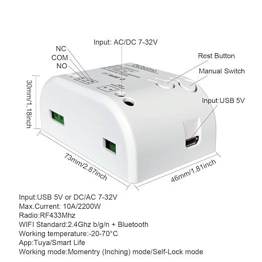 Smart WiFi Wireless Relay Switch Module, Tuya 1CH AC/DC 7-32V/ USB 5V Smart - Image 2