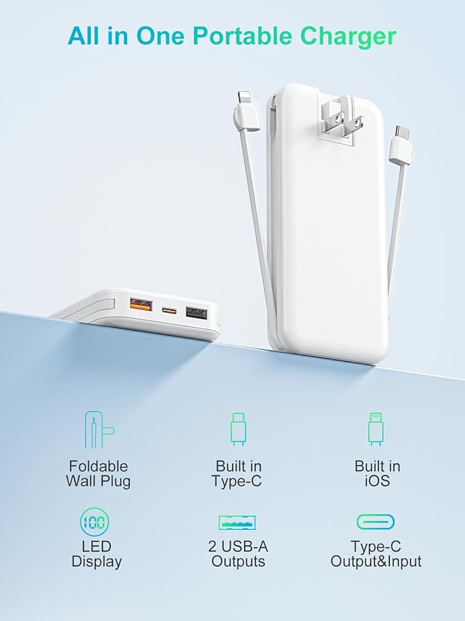 Portable Phone Charger, 10000mAh PD20W Fast Charging Power Bank with Built-in Cables & Wall Plug, External Battery Bank with LED Display, Travel Essential Battery Pack for iPhone, iPad, Samsung White - Image 9