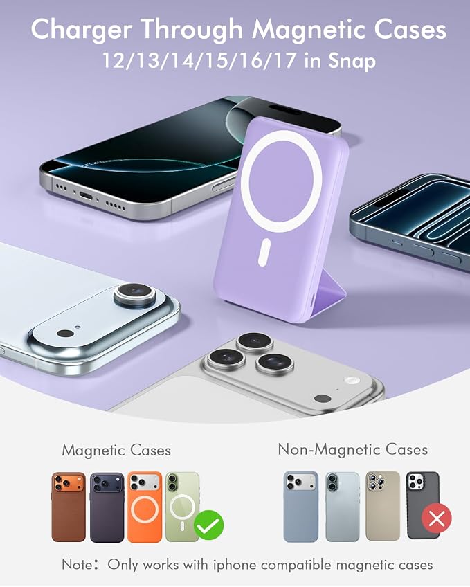 podoru for Magsafe Battery Pack, Foldable 10000mAh Magnetic Power Bank with USB-C Cable LED Display 22.5W PD Fast Charging Wireless Portable Charger for iPhone 17/16/15/14/13/12 Series-Light Purple - Image 2